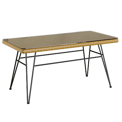 Elegant Modern Dining Table With Glass Top Metal Frame And Rattan Accent Details 3d model
