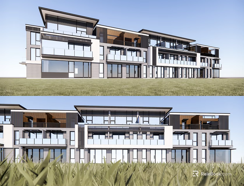 Modern Townhouses Exterior Design With Large Windows Balconies And Grass Surroundings 3d model 