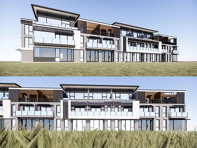 Modern Townhouses Exterior Design With Large Windows Balconies And Grass Surroundings 3d model