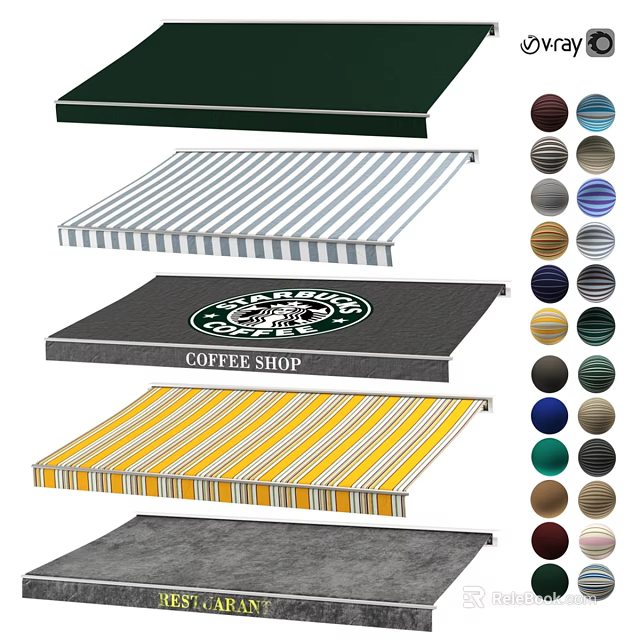 Various Colored Striped Awnings With Coffee Shop Logo And Text Designs 3d model 