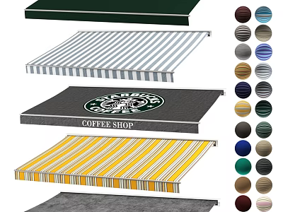 Various Colored Striped Awnings With Coffee Shop Logo And Text Designs 3d model