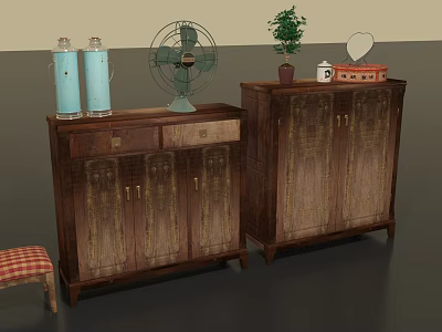 Vintage Wooden Cabinets With Blue Bottles Fan Potted Plant And Mirror 3d model