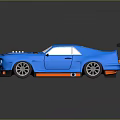 Modified Blue Sports Car With Orange Wheels Rear Spoiler And Black Stripes