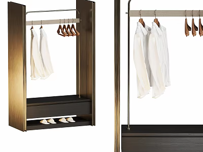 Modern Dark Wood Wardrobe Interior With Hanging Rods White Shirts And Shoe Storage 3d model