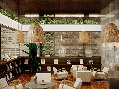 Warm Natural Style Sales Office With Cozy Lounge Seats Woven Pendant Lamps And Lush Greens 3d model