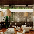 Warm Natural Style Sales Office With Cozy Lounge Seats Woven Pendant Lamps And Lush Greens