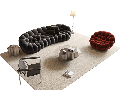 Black Tufted Sofa And Glass Coffee Table With Red Round Armchair Floor Lamp Rug 3d model
