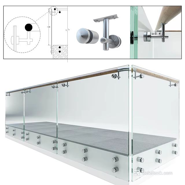 Modern Glass Railings Structure With Metal Brackets And Stainless Steel Fasteners 3d model 