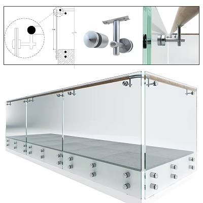 Modern Glass Railings Structure With Metal Brackets And Stainless Steel Fasteners 3d model