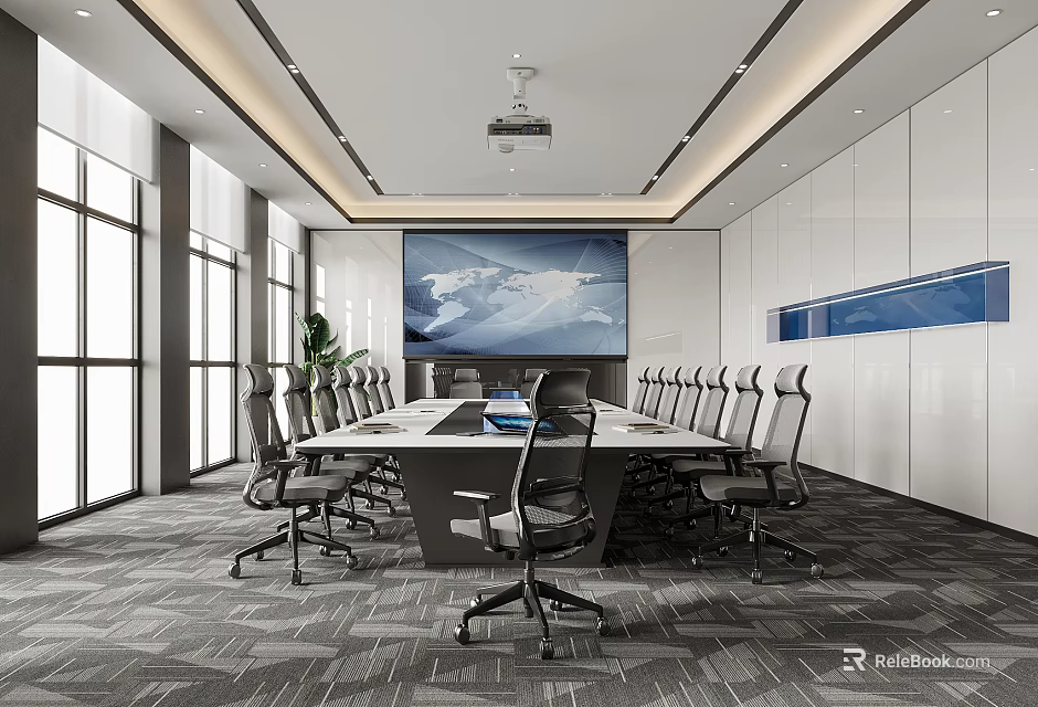 Modern Conference Room With Long Conference Table Chairs Large Projection Screen Windows And Green Plants 3d model 