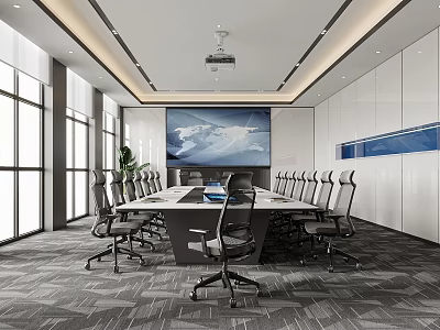 Modern Conference Room With Long Conference Table Chairs Large Projection Screen Windows And Green Plants 3d model