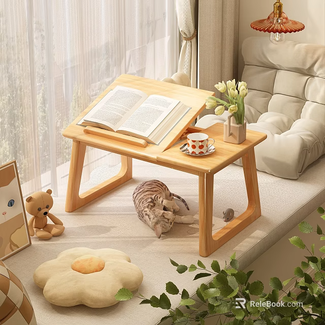 Wooden Side Table with Open Book Tea Cup and Flower Vase Near Sleeping Cat 3d model 