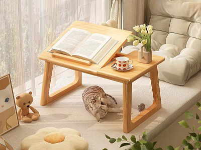 Wooden Side Table with Open Book Tea Cup and Flower Vase Near Sleeping Cat 3d model