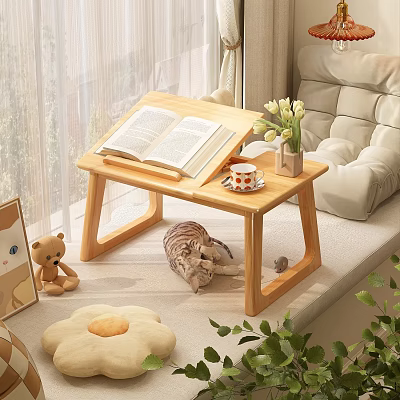 Wooden Side Table with Open Book Tea Cup and Flower Vase Near Sleeping Cat 3d model