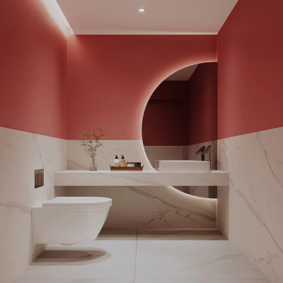 Modern Bathroom With Red Walls White Marble Countertop Round Backlit Mirror White Toilet Plant Toiletries 3d model