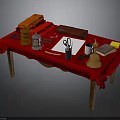 Traditional Worktable With Red Tablecloth Golden Containers Scissors Notebook And Ink Bottle