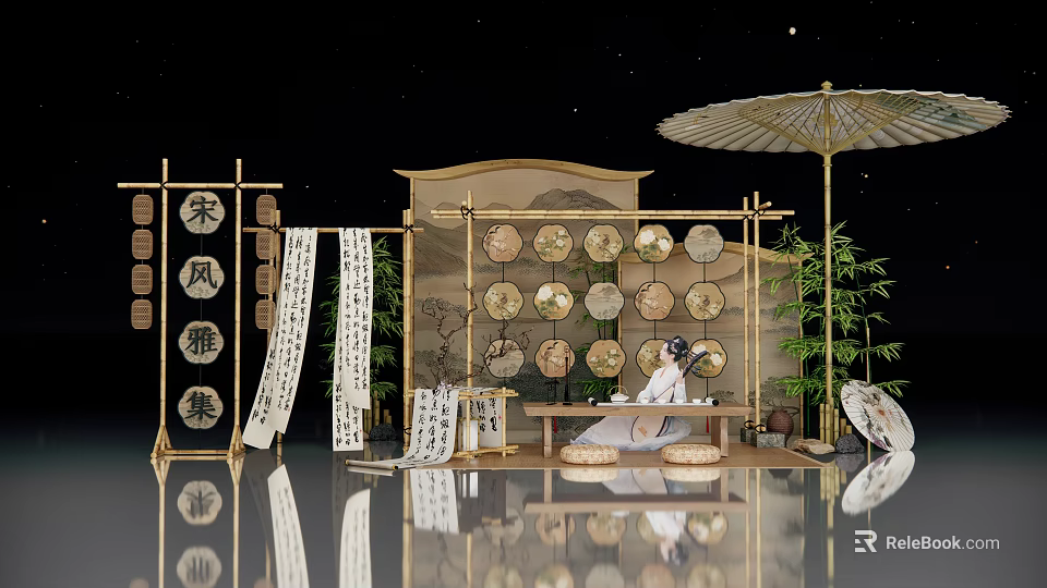 Elegant Song Dynasty Style Photo Check-in Spot With Traditional Screen Circular Decorations And Umbrella 3d model 