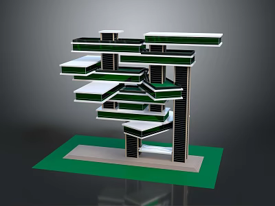 Cartoon Style Building Model With Multi Layered Structure Green Roofs And Black Pillars 3d model