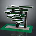 Cartoon Style Building Model With Multi Layered Structure Green Roofs And Black Pillars