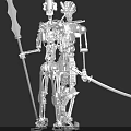Two Robots with Complex Mechanical Structures One Holding Spear Like Object Metallic Texture on Gray Background