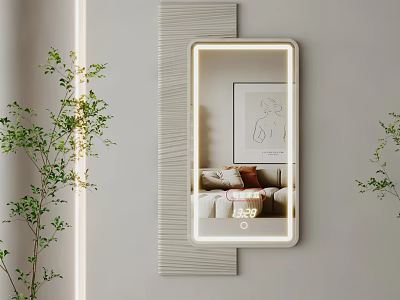 LED Lighted Wall Mounted Mirror With Green Plants And Living Room Reflection 3d model