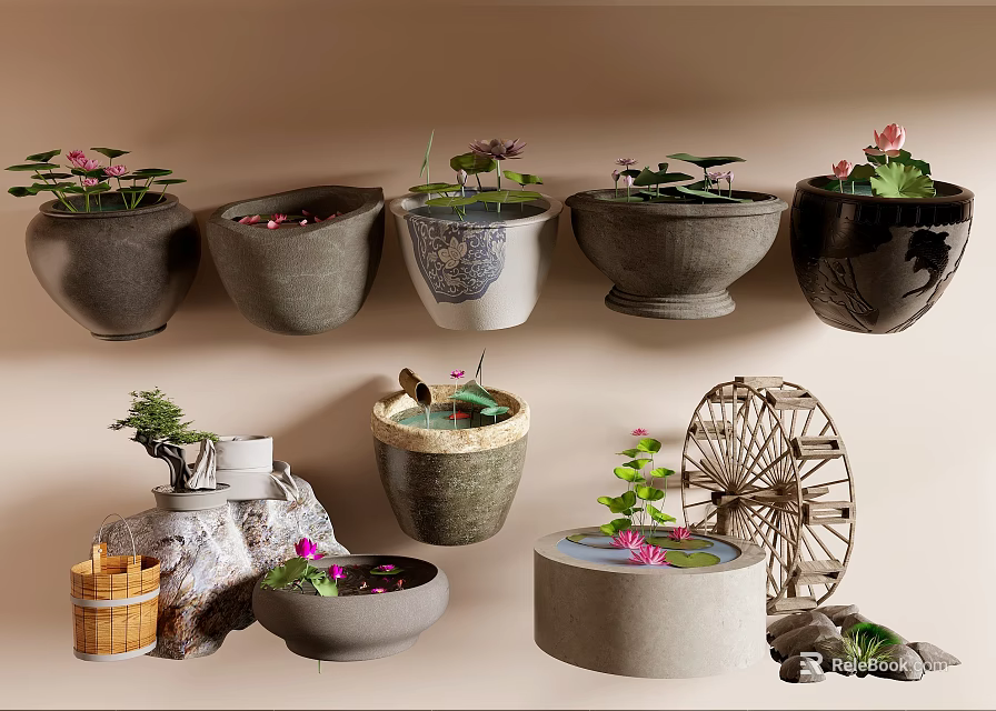 Decorative Water Plant Pots With Lotus Flowers Stones Water Wheel And Bamboo Basket 3d model 