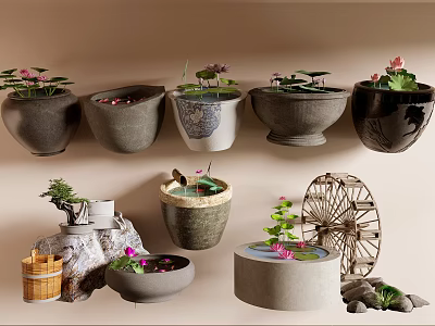 Decorative Water Plant Pots With Lotus Flowers Stones Water Wheel And Bamboo Basket 3d model