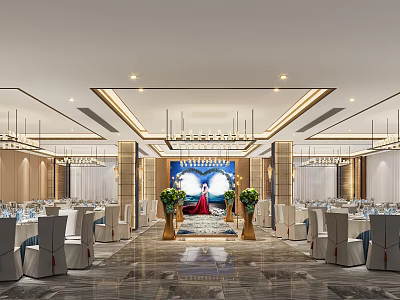 Elegant Banquet Hall With Stage Couple Photo Background Green Plants And Dining Tables 3d model