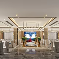 Elegant Banquet Hall With Stage Couple Photo Background Green Plants And Dining Tables