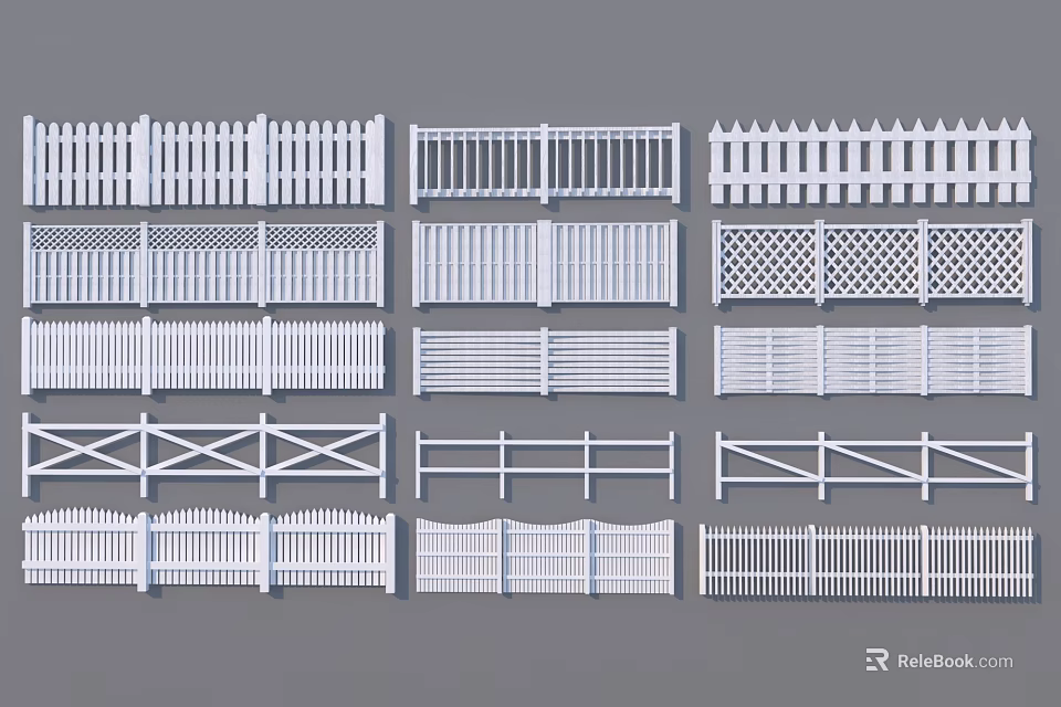 White Decorative Fences With Various Styles And Different Design Patterns 3d model