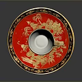Red And Gold Teacup With Saucer Featuring Dragon Patterns And Building Motifs With Gold Trim
