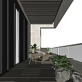 Cozy Modern Home Balcony With Wooden Flooring Glass Railings Rattan Furniture City View Green Plants