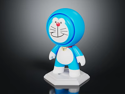 Blue Doraemon Cartoon Figure with Red Nose Bell Around Neck Standing On White Hexagonal Base 3d model