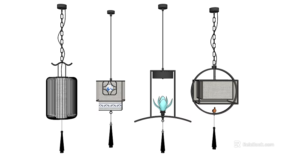 Chinese Style Pendant Chandeliers With Various Designs Tassels And Lotus Decoration 3d model 