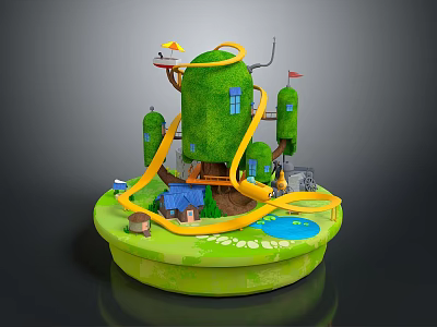 Green Playground Model With Yellow Slide Small Blue House Flags And Lawn Base 3d model