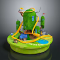 Green Playground Model With Yellow Slide Small Blue House Flags And Lawn Base