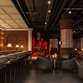 Stylish Bar Interior With Wooden Decor Red Curtains High Stools Armchairs And Pendant Lights
