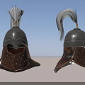 Medieval Helmets With Metallic Construction Brown Leather Riveted Details And Plume Decoration