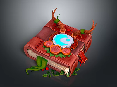 Enchanting Red Book with Glowing Blue Center Decorative Leaves Red Berries and Horn Like Structures 3d model