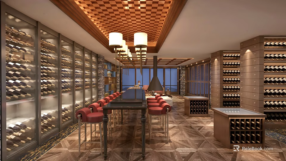 Luxury Liquor Store With Wooden Wine Racks Checkerboard Ceiling Chandeliers Bar Counter Red Chairs 3d model 