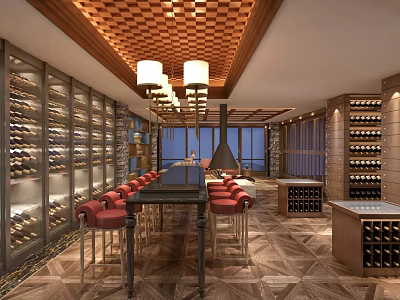 Luxury Liquor Store With Wooden Wine Racks Checkerboard Ceiling Chandeliers Bar Counter Red Chairs 3d model