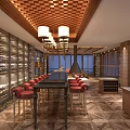 Luxury Liquor Store With Wooden Wine Racks Checkerboard Ceiling Chandeliers Bar Counter Red Chairs