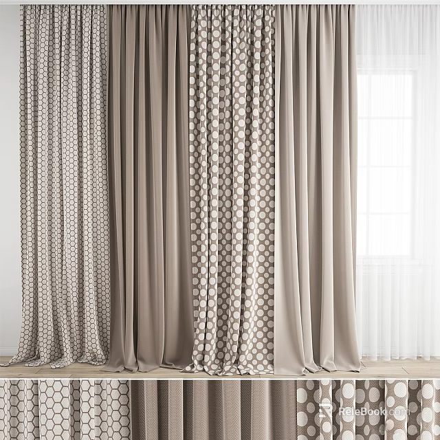 Modern Patterned And Solid Color Beige Curtains With Sheer White Panels For Home Decor 3d model 
