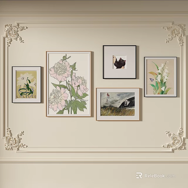 Abstract Paintings With Floral Patterns And Landscape Scenes In Various Frames On Light Decorative Wall 3d model
