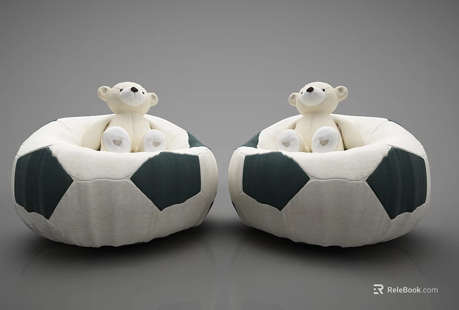 Cute Teddy Bear Dolls Sitting On Soccer Shaped White And Dark Green Bean Bag Chairs 3d model 