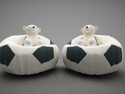 Cute Teddy Bear Dolls Sitting On Soccer Shaped White And Dark Green Bean Bag Chairs 3d model