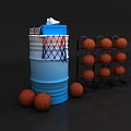 Basketball Training Setup With Blue Barrel Hoop And Multi Tiered Storage Racks