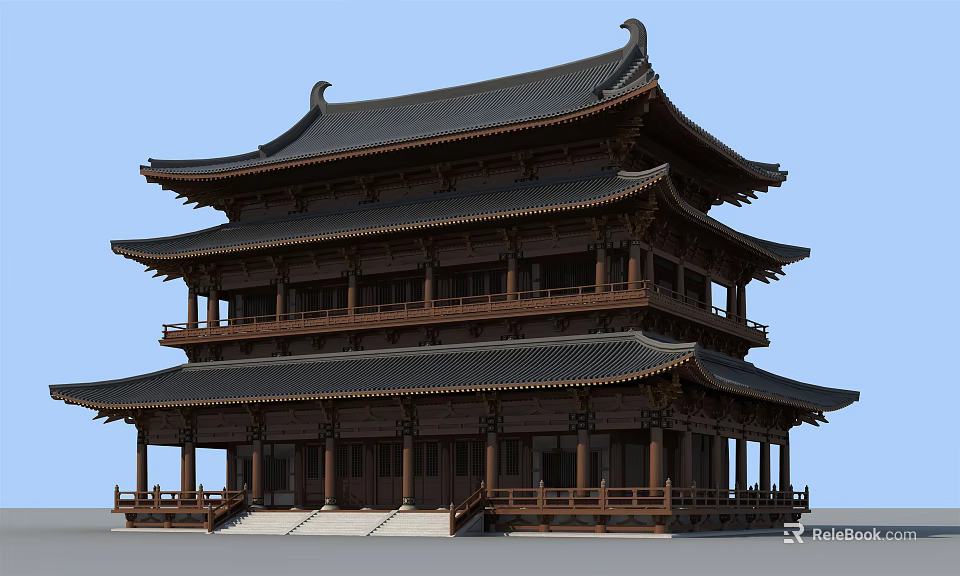 Ancient Chinese Architecture Three Story Wooden Structure With Black Tiled Roof And Overhanging Eaves 3d model 