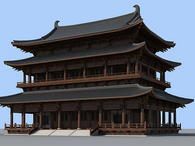 Ancient Chinese Architecture Three Story Wooden Structure With Black Tiled Roof And Overhanging Eaves 3d model