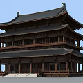 Ancient Chinese Architecture Three Story Wooden Structure With Black Tiled Roof And Overhanging Eaves